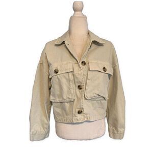 Zara Solid Tea Green Long Sleeve Denim Jean Long Sleeve Crop Jacket Small